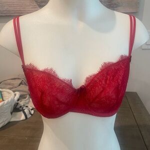 RARE!!! Victoria's Secret Lipstick Red Chantilly Lace Mesh Unlined Demi Bra 34C